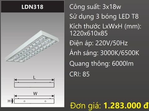  MÁNG ĐÈN CHÓA PHẢN QUANG 600x1200 (60x120) LẮP NỔI GẮN 3 BÓNG 1M2 LED 3x18W DUHAL LDN318 