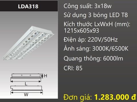  MÁNG ĐÈN PHẢN QUANG ÂM TRẦN 600X1200 (60X120) GẮN 3 BÓNG 1M2 LED 3X18W DUHAL LDA318 