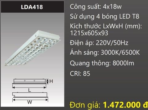  MÁNG ĐÈN PHẢN QUANG ÂM TRẦN 600X1200 (60X120) GẮN 4 BÓNG 1M2 LED 4X18W DUHAL LDA418 