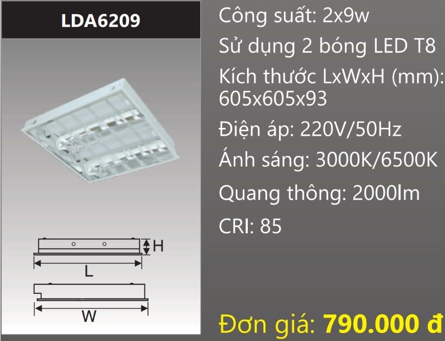 MÁNG ĐÈN PHẢN QUANG ÂM TRẦN 600X600 (60X60) GẮN 2 BÓNG 6 TẤC LED 2X9W DUHAL LDA6209