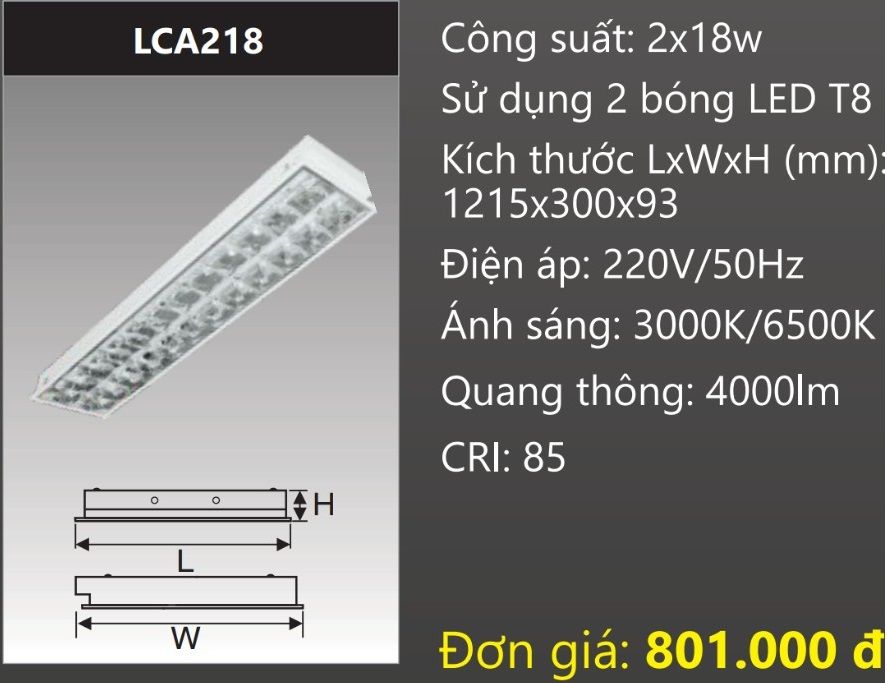 MÁNG ĐÈN ÂM TRẦN 300x1200 (30x120) CHÓA PHẢN QUANG GẮN 2 BÓNG LED 2x18W DUHAL LCA218