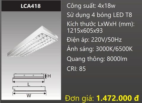  MÁNG ĐÈN ÂM TRẦN 600x1200 (60x120) CHÓA PHẢN QUANG GẮN 4 BÓNG LED 4x18W DUHAL LCA418 