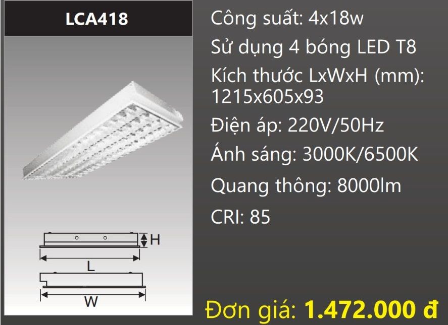 MÁNG ĐÈN ÂM TRẦN 600x1200 (60x120) CHÓA PHẢN QUANG GẮN 4 BÓNG LED 4x18W DUHAL LCA418