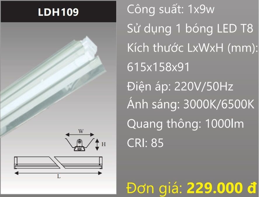 ĐÈN MÁNG CÔNG NGHIỆP CHÓA PHẢN QUANG GẮN 1 BÓNG 6 TẤC LED 1X9W DUHAL LDH109