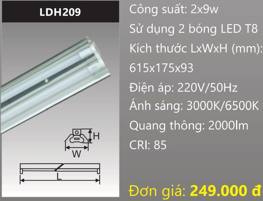 ĐÈN MÁNG CÔNG NGHIỆP CHÓA PHẢN QUANG GẮN 2 BÓNG 6 TẤC LED 2X9W DUHAL LDH209