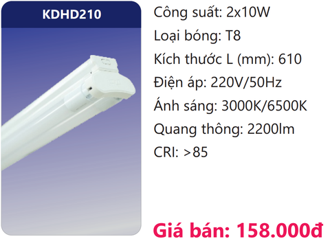  BỘ BÓNG ĐÈN TUÝP 6 TẤC ĐÔI LED 2 BÓNG 10W DUHAL KDHD210 