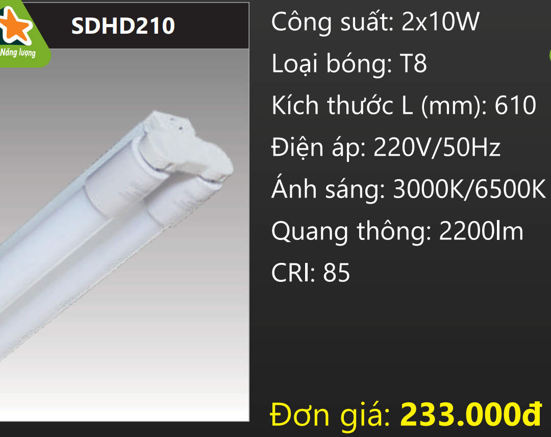 BỘ ĐÈN TUÝP LED ĐÔI 2 BÓNG 0.6M (6 TẤC) 2x10W DUHAL SDHD210