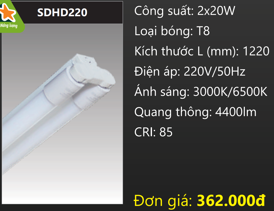 BỘ ĐÈN TUÝP LED ĐÔI 2 BÓNG 1,2M (1M2) 2x20W DUHAL SDHD220