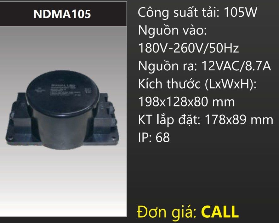 BỘ NGUỒN AC 12V IP68 DÙNG CHO ĐÈN RỌI ÂM DƯỚI NƯỚC 105W DUHAL NDMA105