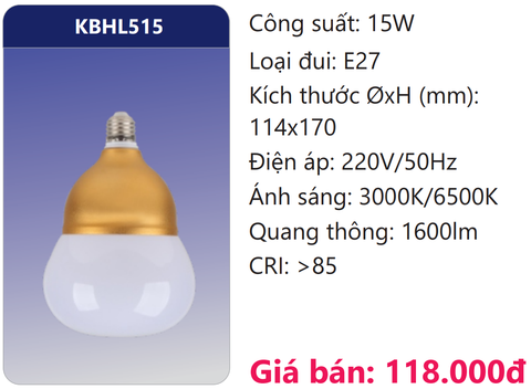  BÓNG ĐÈN LED BÚP 15W DUHAL KBHL515 