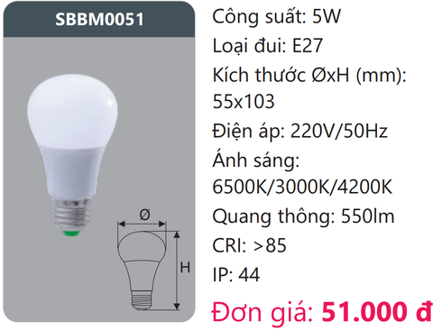  BÓNG ĐÈN LED BÚP ĐỔI MÀU DUHAL SBBM0051 / 5W 