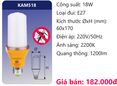  BÓNG ĐÈN LED ĐUỔI MUỖI 18W DUHAL KAM518 