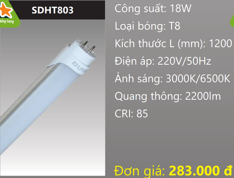  BÓNG ĐÈN TUÝP LED THÂN NHÔM 1,2M (1M2) 18W DUHAL SDHT803 