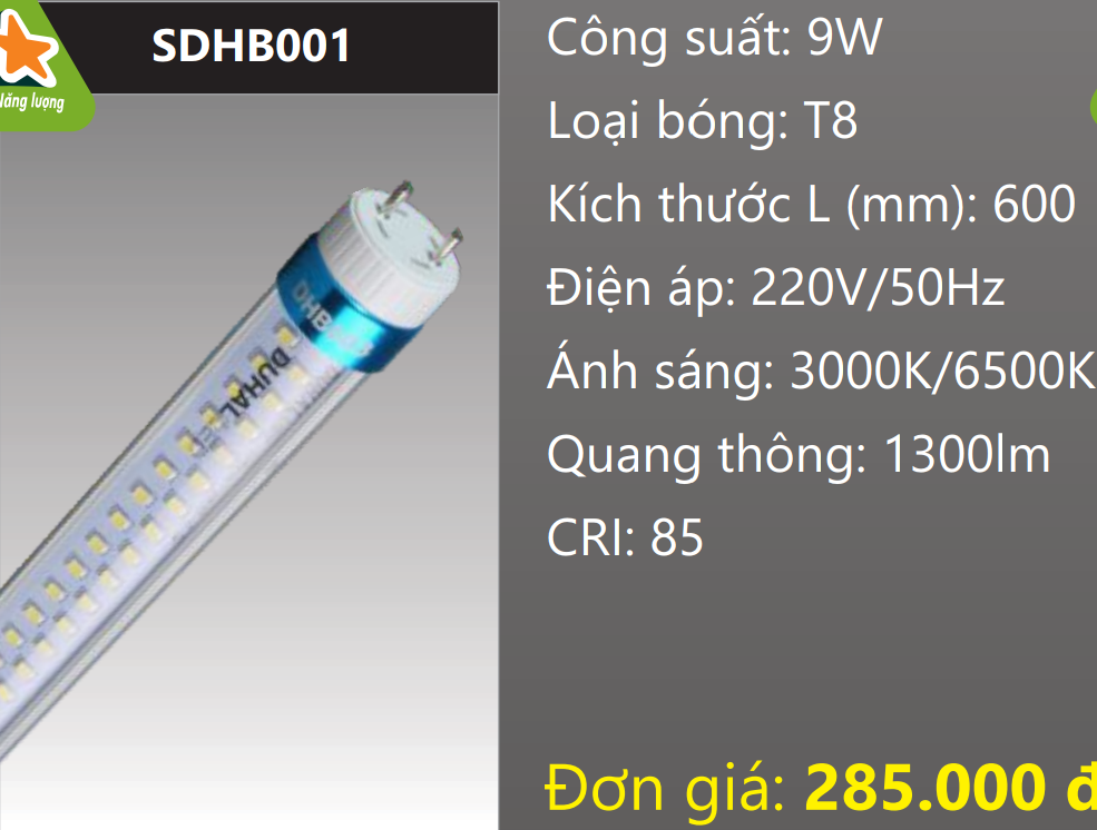 BÓNG ĐÈN TUÝP LED THÂN NHÔM XOAY ĐẦU 0.6M (6 TẤC) 9W DUHAL SDHB001