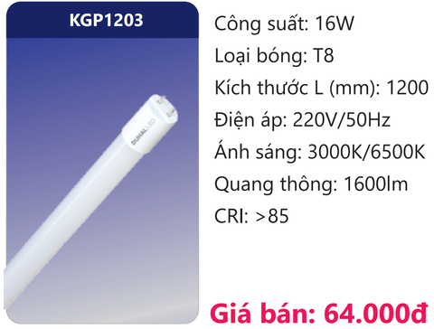  BÓNG LED TUÝP THỦY TINH 1M2 16W DUHAL KGP1203 