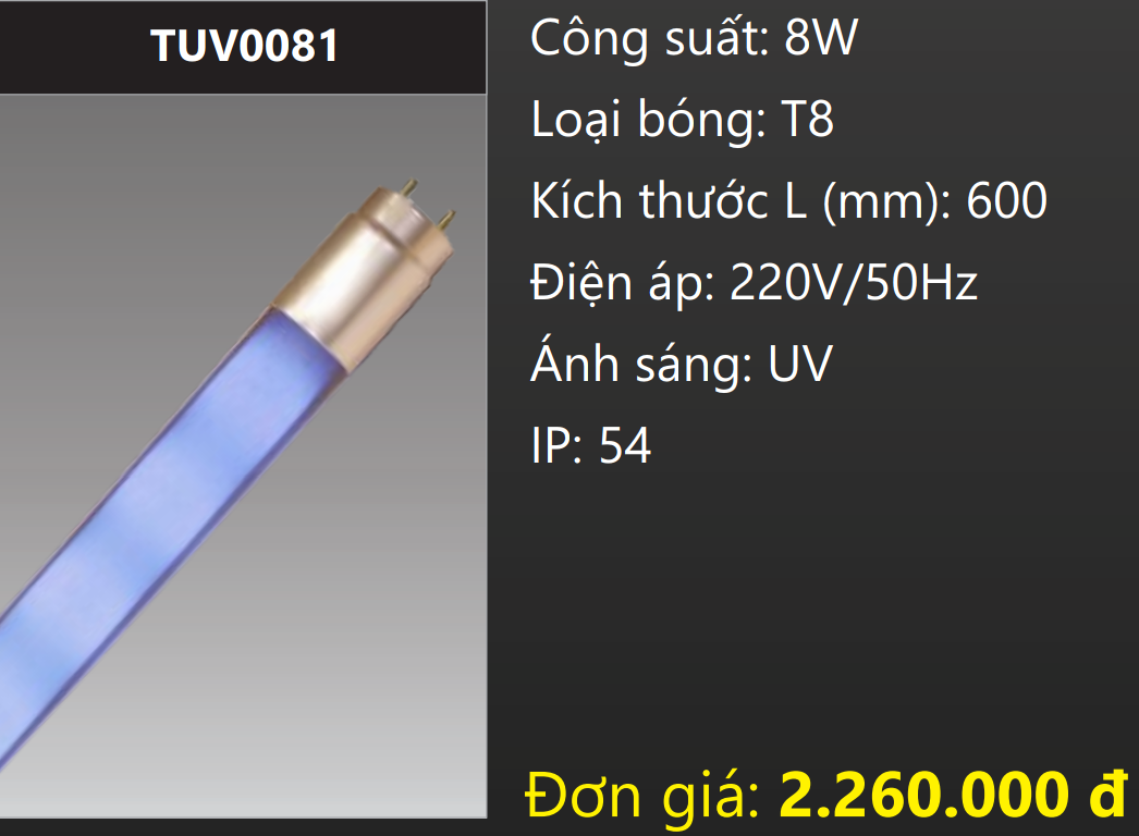 BÓNG LED TUÝP TIA UV DIỆT KHUẨN 0.6M (6 TẤC) 8W DUHAL TUV0081