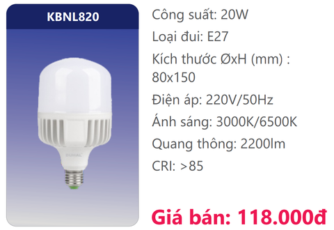  BÓNG TRỤ LED 20W DUHAL KBNL820 