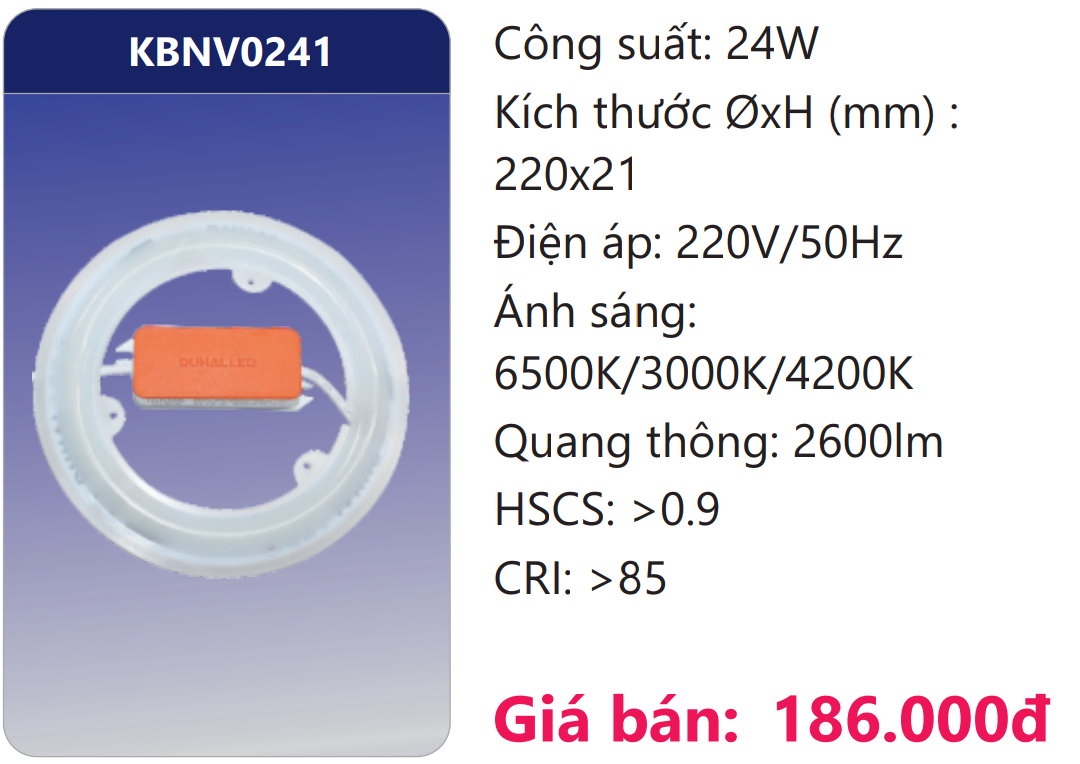 BÓNG VÒNG LED 3 MÀU 24W DUHAL KBNV0241