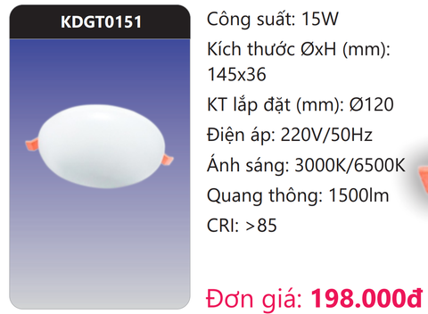  ĐÈN ÂM TRẦN GÓC RỘNG LED 15W DUHAL KDGT0151 