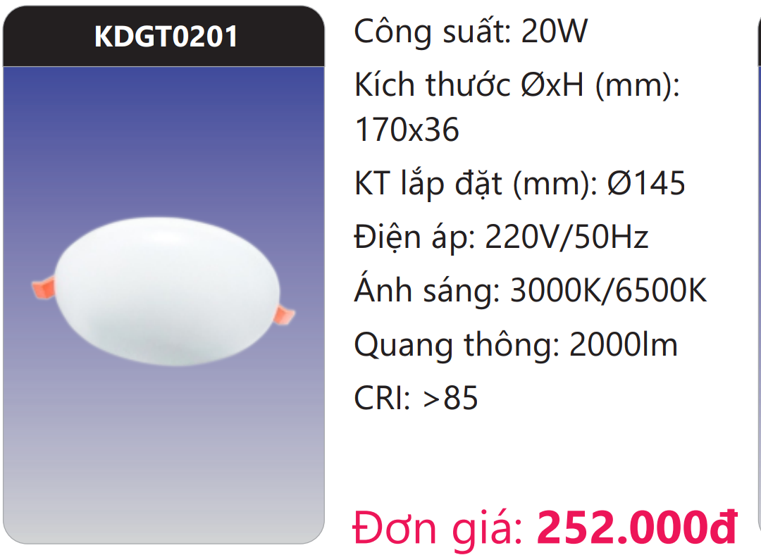 ĐÈN ÂM TRẦN GÓC RỘNG LED 20W DUHAL KDGT0201