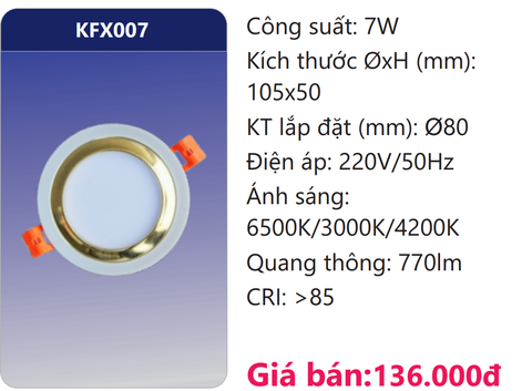  ĐÈN ÂM TRẦN VIỀN MÀU LED 3 CHẾ ĐỘ 7W DUHAL KFX007 