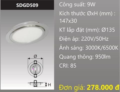  ĐÈN ÂM TRẦN VIỀN NHÔM LED 9W DUHAL SDGD509 