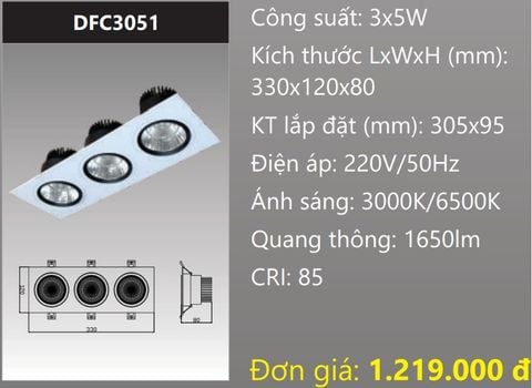  ĐÈN ÂM TRẦN VUÔNG CHIẾU ĐIỂM LED 3 BA BÓNG 3X5W (15W) DUHAL DFC3051 