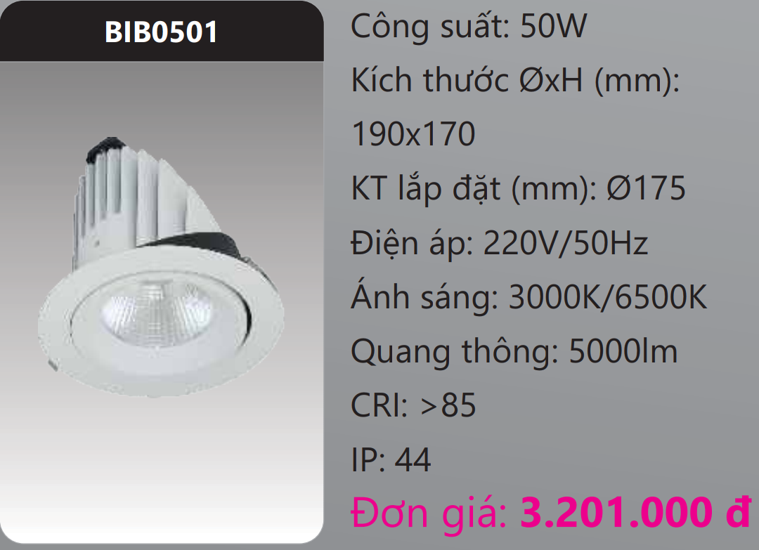 ĐÈN DOWNLIGHT ÂM TRẦN CHỈNH GÓC 45 ĐỘ LED 50W DUHAL BIB0501