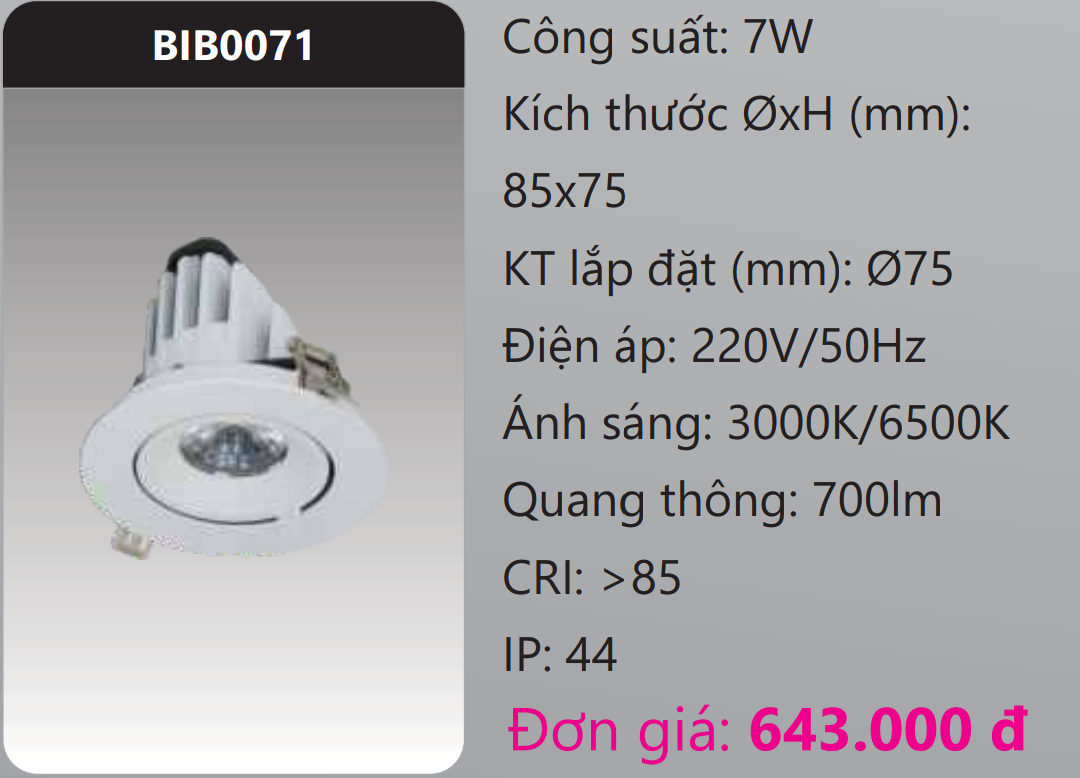 ĐÈN DOWNLIGHT ÂM TRẦN CHỈNH GÓC 45 ĐỘ LED 7W DUHAL BIB0071