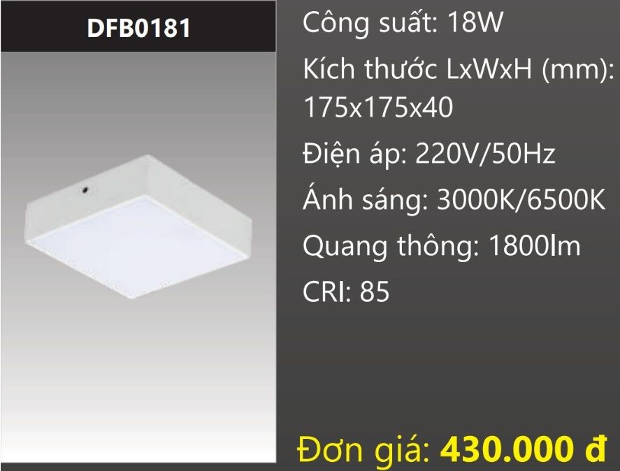 ĐÈN GẮN NỔI ỐP TRẦN VUÔNG TRÀN VIỀN LED 18W DUHAL DFB0181