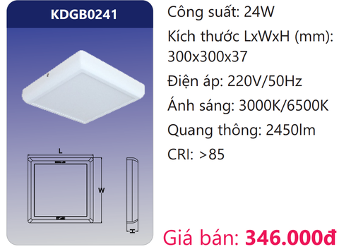  ĐÈN GẮN NỔI VIỀN VUÔNG LED 24W DUHAL KDGB0241 