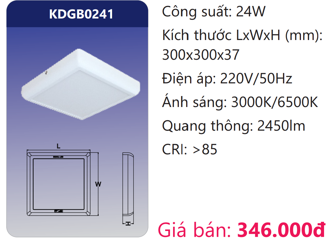 ĐÈN GẮN NỔI VIỀN VUÔNG LED 24W DUHAL KDGB0241