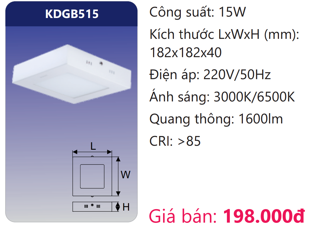 ĐÈN GẮN NỔI VUÔNG LED 15W DUHAL KDGB515