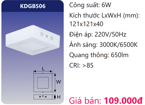  ĐÈN GẮN NỔI VUÔNG LED 6W DUHAL KDGB506 