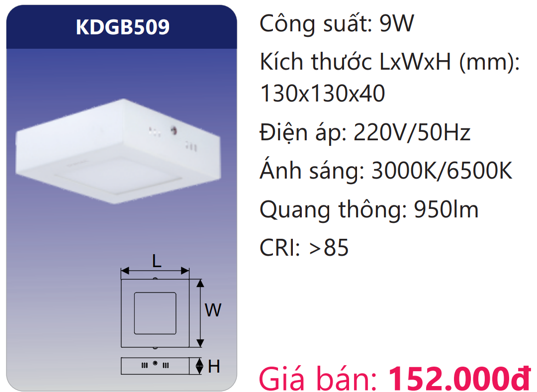 ĐÈN GẮN NỔI VUÔNG LED 9W DUHAL KDGB509