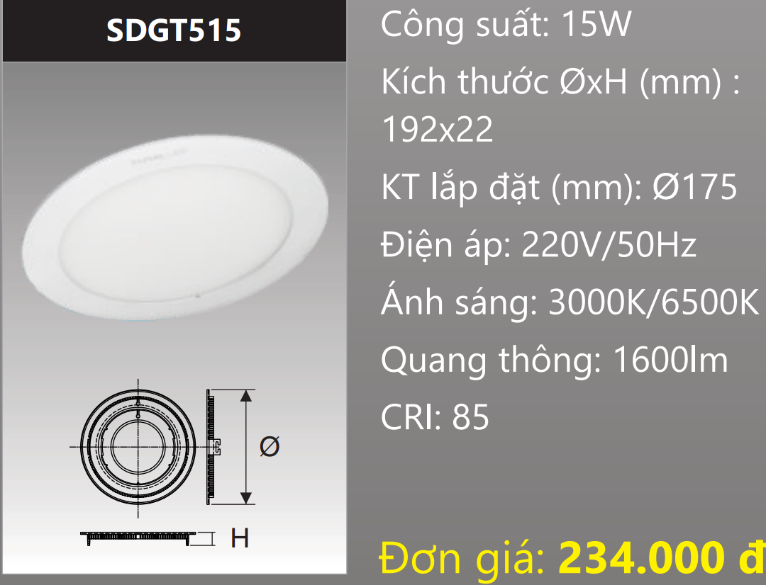 ĐÈN LED ÂM TRẦN DUHAL 15W SDGT515 ( DGT515 / DG T515 / DGT 515 )