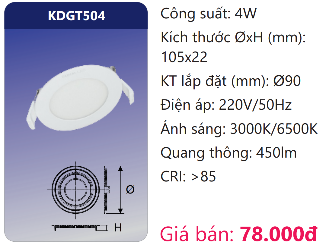 ĐÈN LED ÂM TRẦN SIÊU MỎNG TRÒN 4W DUHAL KDGT504