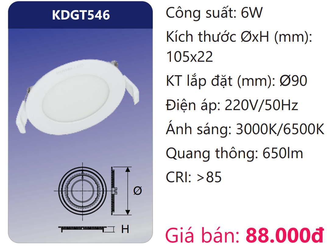ĐÈN LED ÂM TRẦN SIÊU MỎNG TRÒN Ø90 6W DUHAL KDGT546
