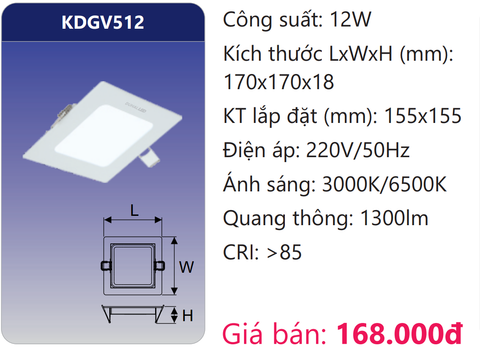  ĐÈN LED ÂM TRẦN SIÊU MỎNG VUÔNG 12W DUHAL KDGV512 