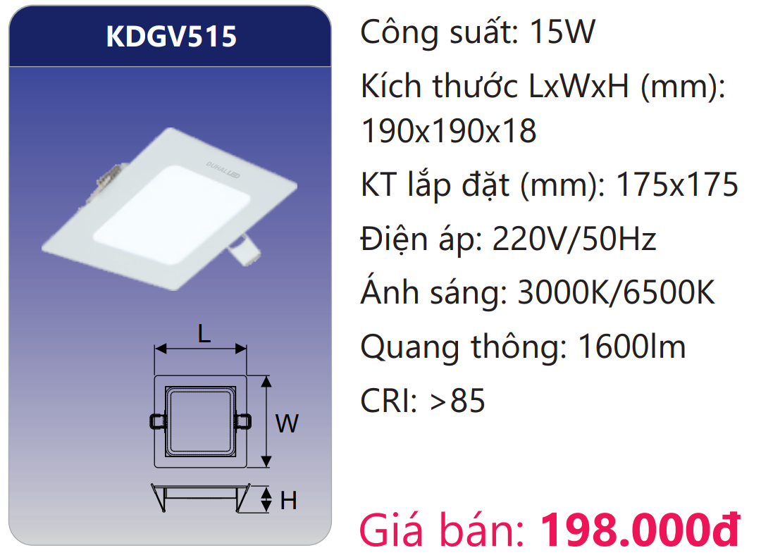 ĐÈN LED ÂM TRẦN SIÊU MỎNG VUÔNG 15W DUHAL KDGV515