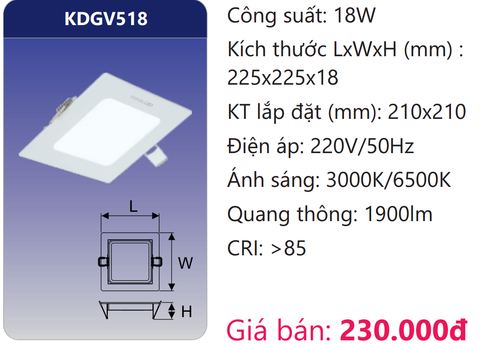  ĐÈN LED ÂM TRẦN SIÊU MỎNG VUÔNG 18W DUHAL KDGV518 