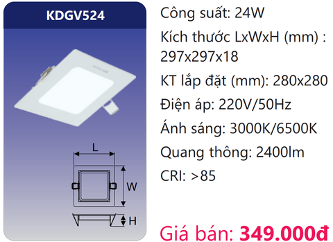  ĐÈN LED ÂM TRẦN SIÊU MỎNG VUÔNG 24W DUHAL KDGV524 