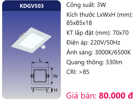  ĐÈN LED ÂM TRẦN SIÊU MỎNG VUÔNG 3W DUHAL KDGV503 