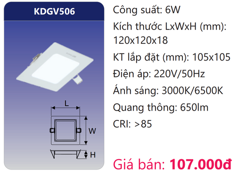  ĐÈN LED ÂM TRẦN SIÊU MỎNG VUÔNG 6W DUHAL KDGV506 