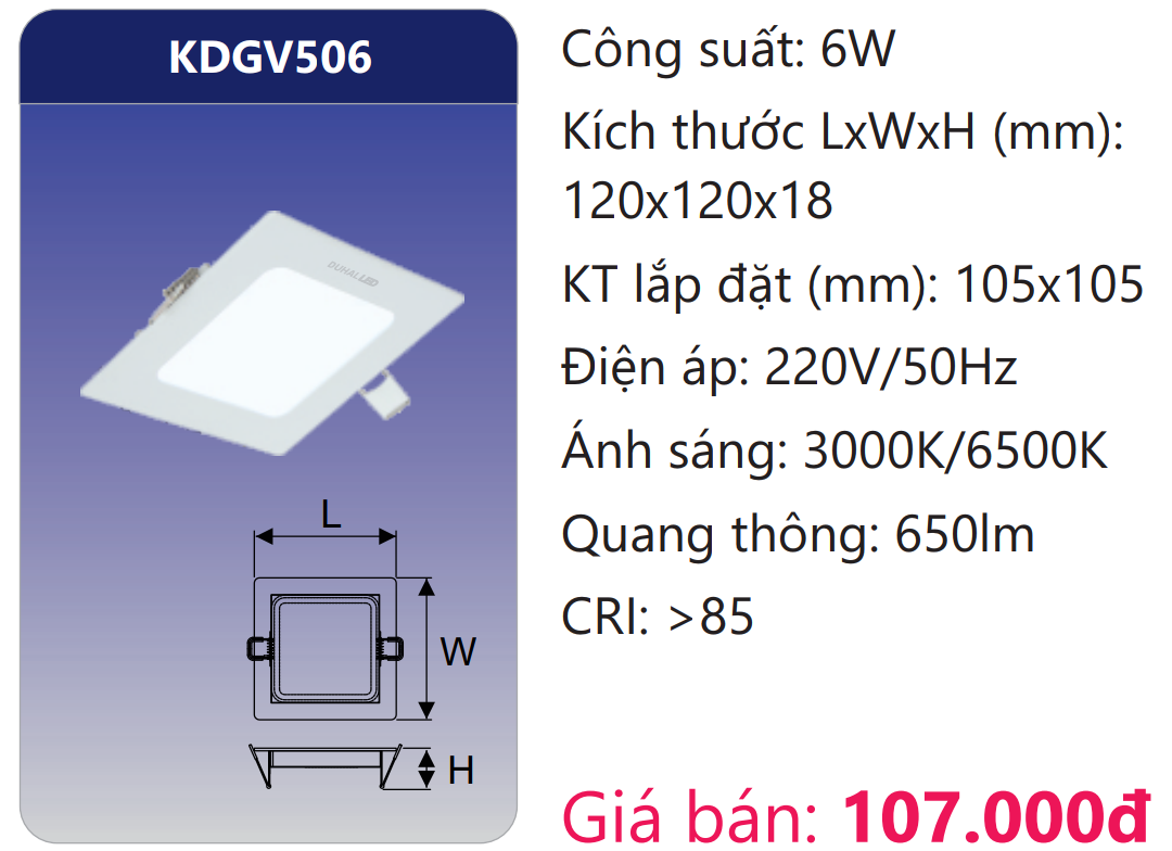 ĐÈN LED ÂM TRẦN SIÊU MỎNG VUÔNG 6W DUHAL KDGV506