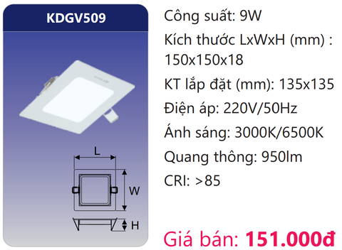  ĐÈN LED ÂM TRẦN SIÊU MỎNG VUÔNG 9W DUHAL KDGV509 