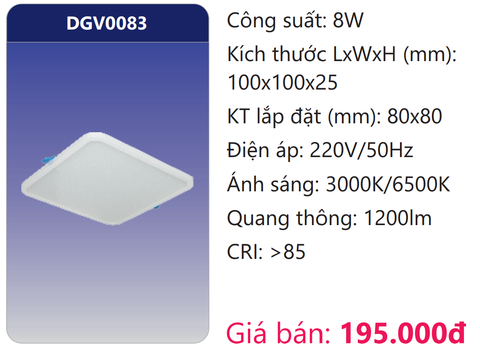  ĐÈN LED ÂM TRẦN VUÔNG MỎNG DUHAL 8W DGV0083 