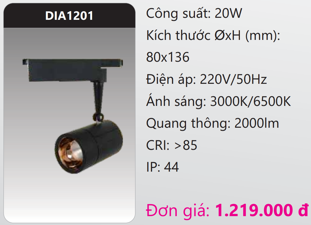 ĐÈN LED CHIẾU ĐIỂM GẮN THANH RAY DUHAL 20W DIA1201