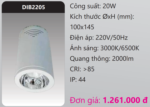  ĐÈN LED CHIẾU SÂU GẮN NỔI TRANG TRÍ DUHAL 20W DIB2205 