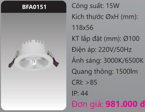  ĐÈN LED DOWNLIGHT ÂM TRẦN 15W DUHAL BFA0151 